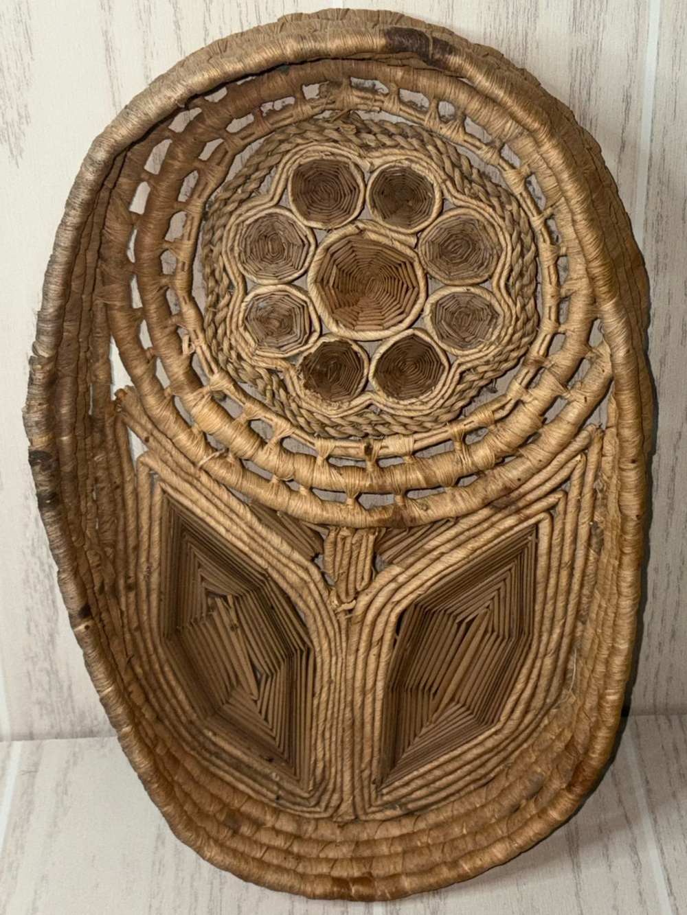 Vintage 70’s Flower Handwoven Natural Rattan Wall Basket Tray Boho